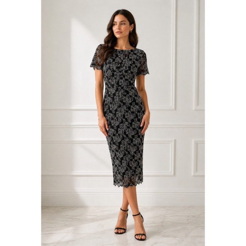 Shani Lace Sheath Dress Sz 6 Black Floral Overlay  Dark Feminine‎ Chic Coquette